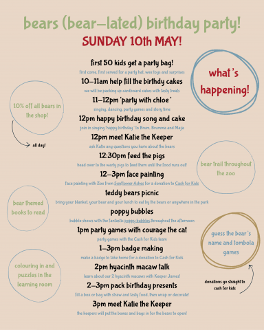 timeline for the bear's birthday event on Sunday 10th May
